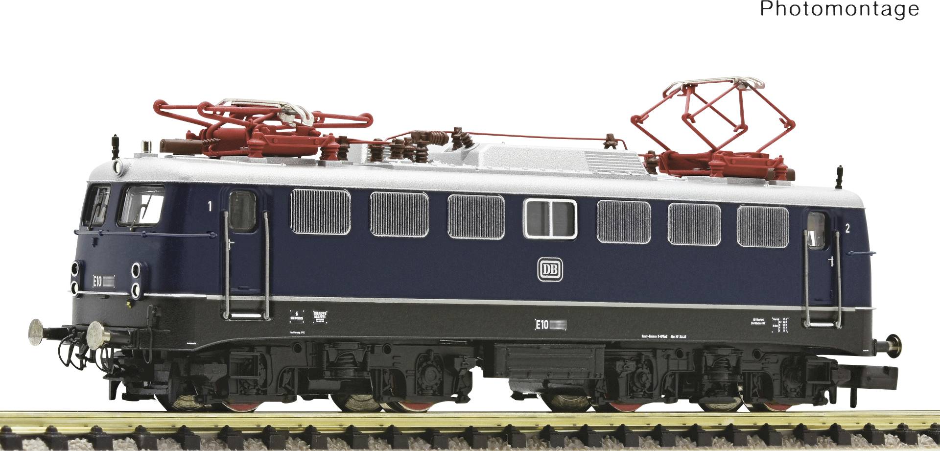 Model railway, dark blue electric locomotive of Deutsche Bahn on track. Detailed pantographs and markings visible.