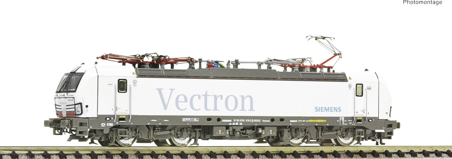 Electric locomotive of the Vectron series by Siemens, side view on track, white paintwork with 'Vectron' inscription.