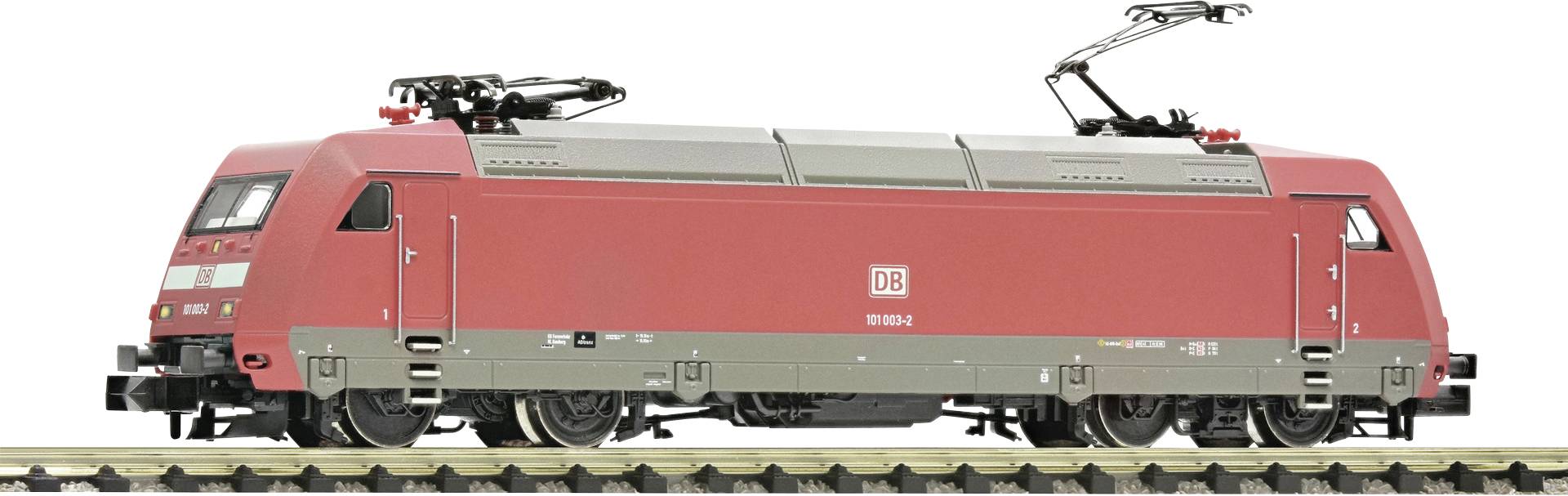 A model of a red German electric locomotive on a track, side view, with DB logo on the bonnet.