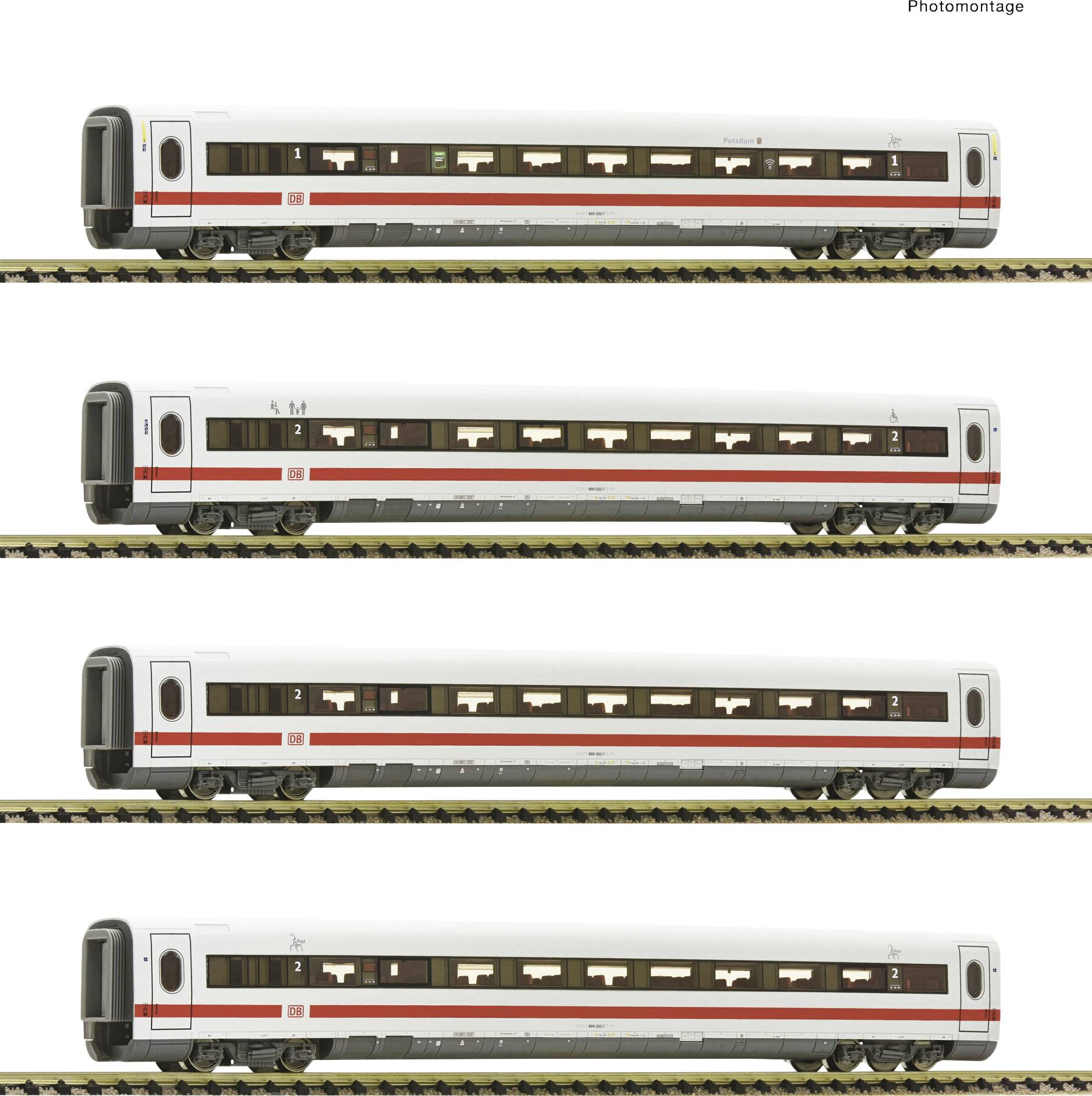 Four white train carriages on tracks, evenly spaced, with simple windows and a red stripe along the side, arranged side by side.