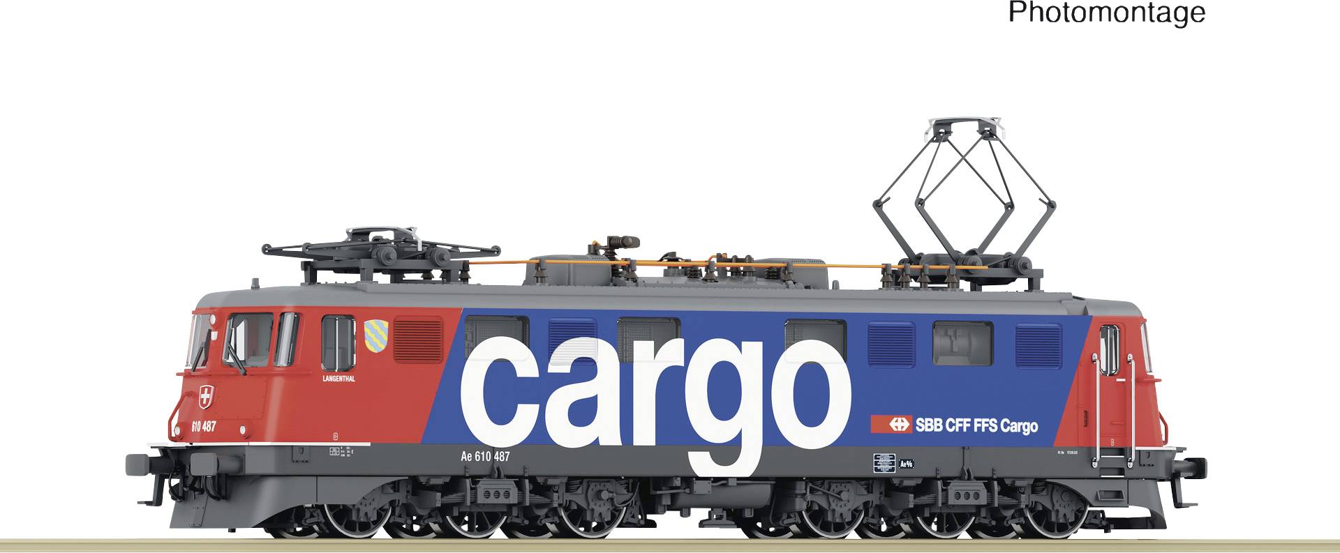 A red and blue locomotive of SBB Cargo with a pantograph-like current collector, shown from the side.