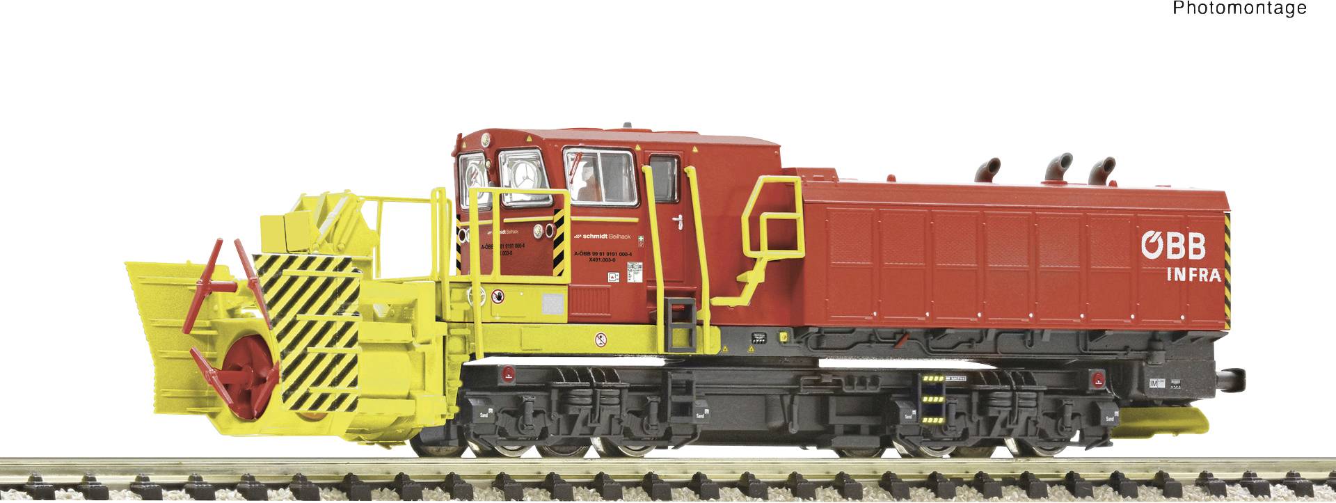 A red locomotive with a yellow snowplough and the inscription 'ÖBB Infra' is travelling along a railway track.