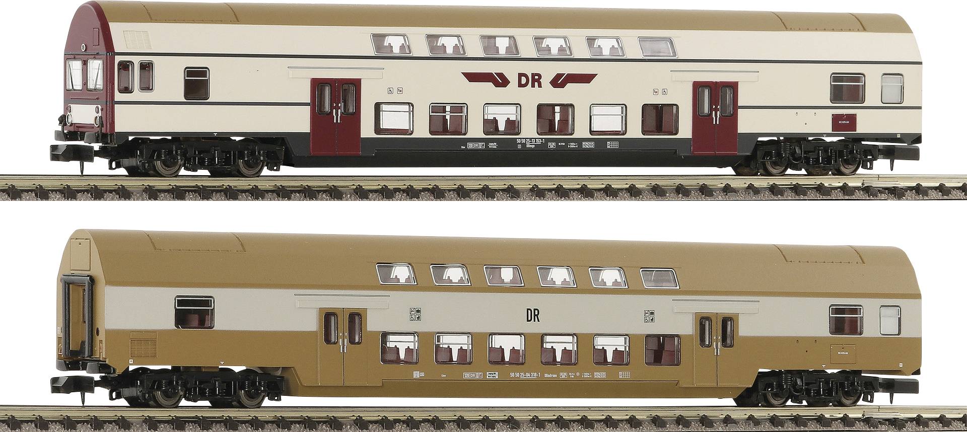 Two model passenger carriages in a double-deck design by Deutsche Reichsbahn, one with a brown accent and the other with a red accent.