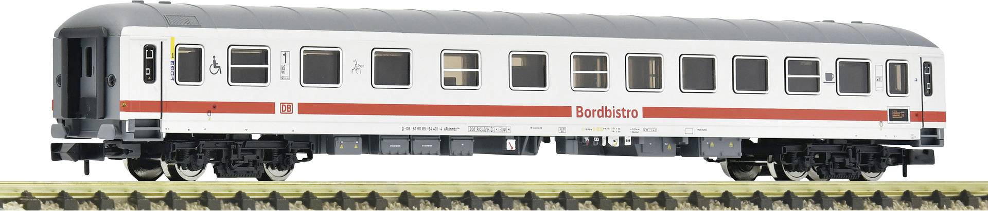 Passenger carriage of the model 'Illuminated IC-Carriage 2nd Class Buffet Car' in white with a red stripe, mounted on rails.