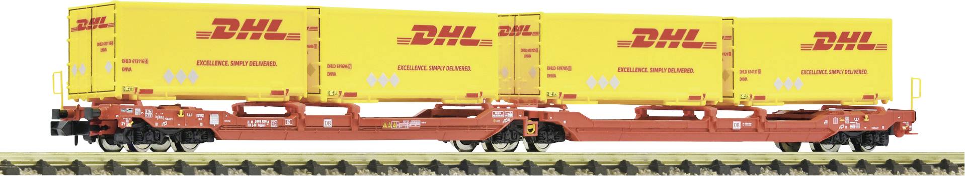 Two yellow containers with the 'DHL' imprint on a goods wagon.