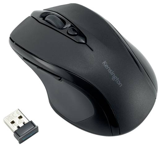 Wireless black computer mouse with detachable USB receiver, suitable for use with a computer.