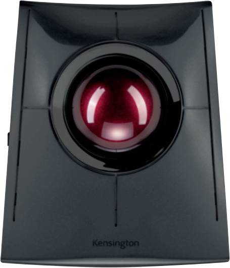 Black trackball with red ball in the centre; ergonomic computer input device with the 'Kensington' logo.