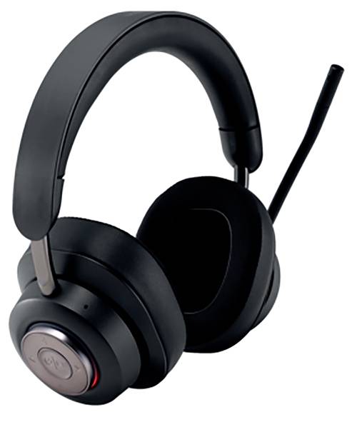 Black wireless headset with microphone, padded ear cups, and adjustable headband, suitable for comfortable extended wear.
