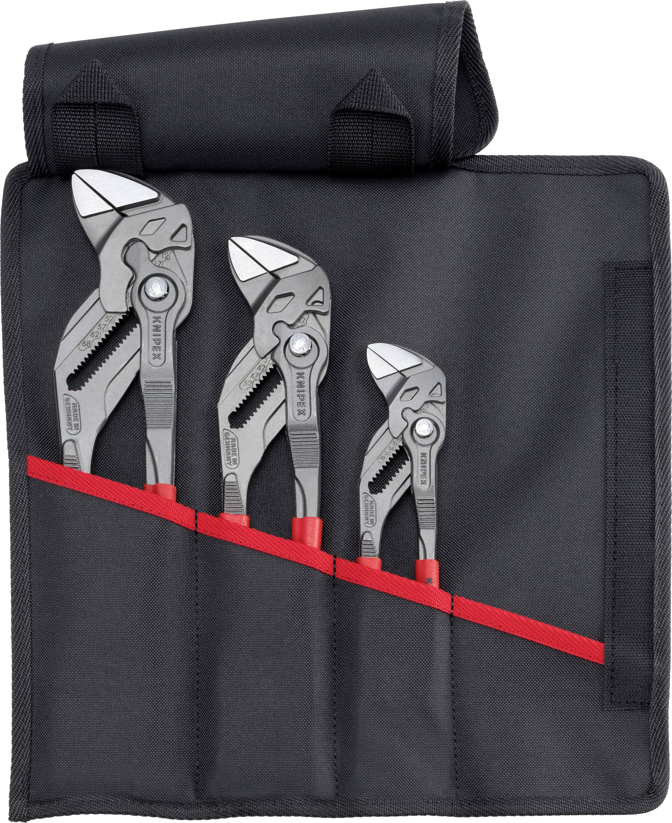Three adjustable pliers in a black fabric bag with a red stripe, standing in various sizes from left to right.