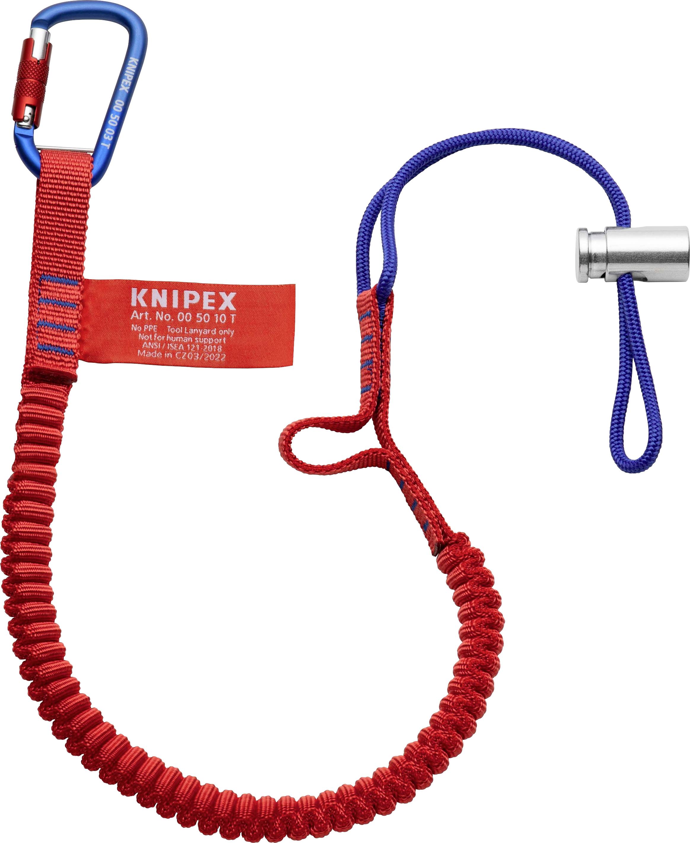 Red safety lanyard with carabiner hook and blue loop. Label with 'KNIPEX' inscription. For tool attachment and fall protection.