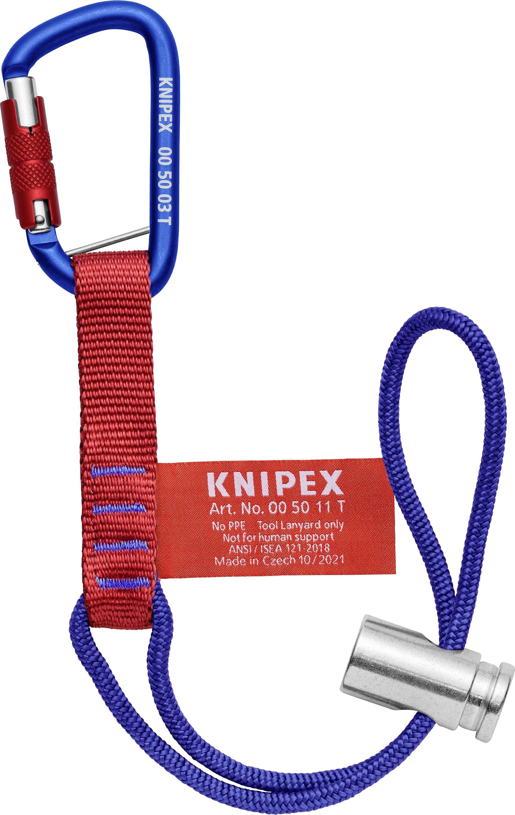 Blue carabiner with red band and blue rope, labelled 'KNIPEX Art. No 00 50 11 T', not suitable for personal safety.