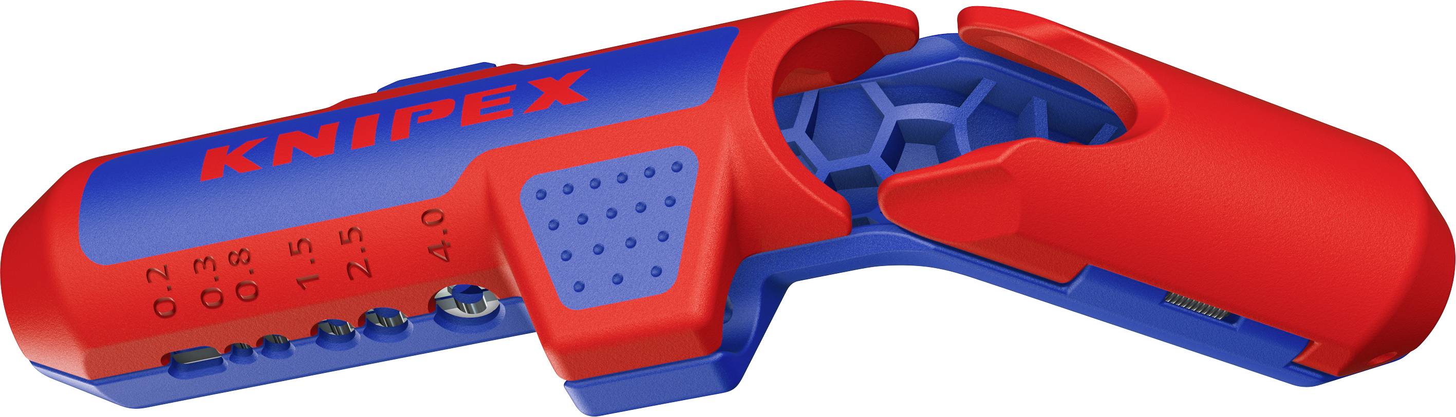 A red and blue wire stripping tool with 'Knipex' printed on the upper cover, displaying measurement scales from 0.2 to 4.0 mm.