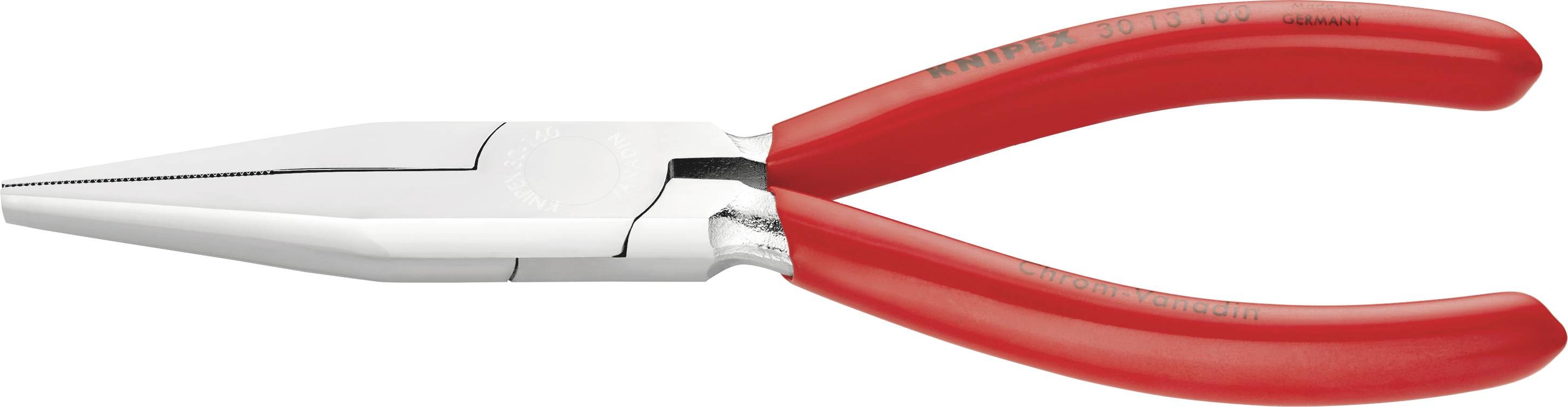 A long, red flat-nosed pliers with shiny steel jaws, suitable for gripping and bending wires or small objects.