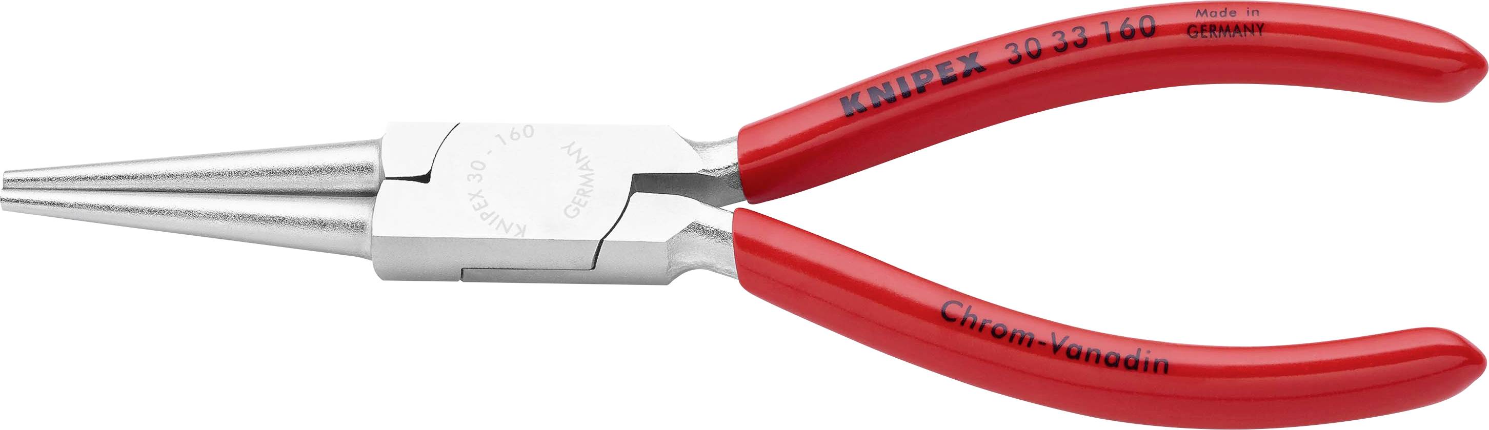 A red Knipex pliers with narrow, long jaws, suitable for gripping and bending wires and small objects.