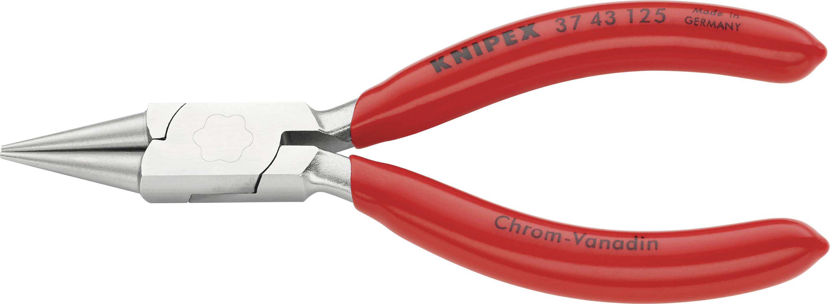 Red combination pliers with pointed jaws made of chrome vanadium steel, suitable for precise gripping and cutting work.
