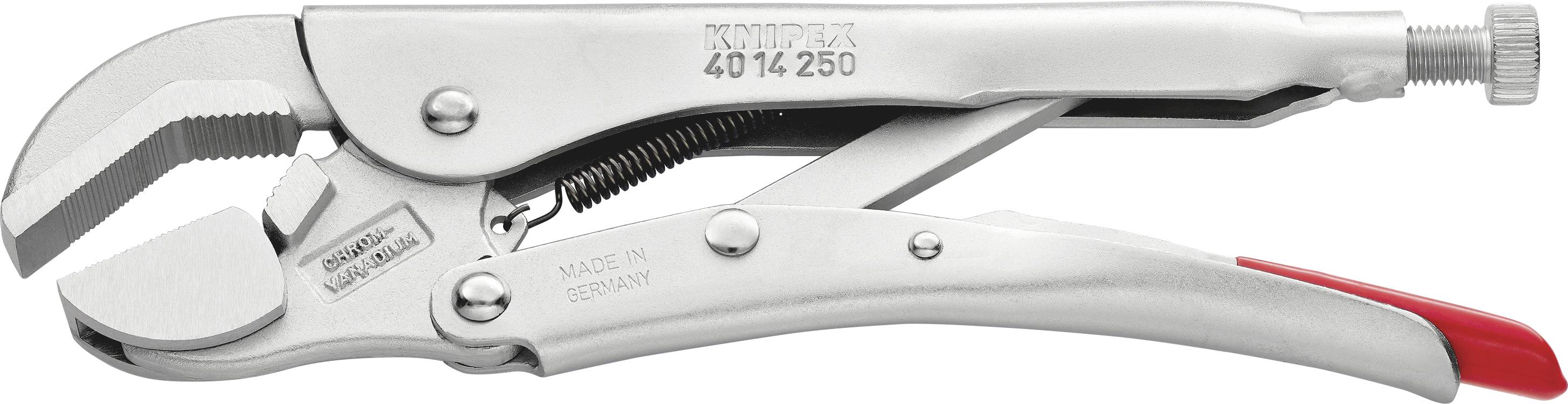 A Knipex grip pliers made of steel, silver-coloured, with adjustable jaws and a locking mechanism, shown from the side.