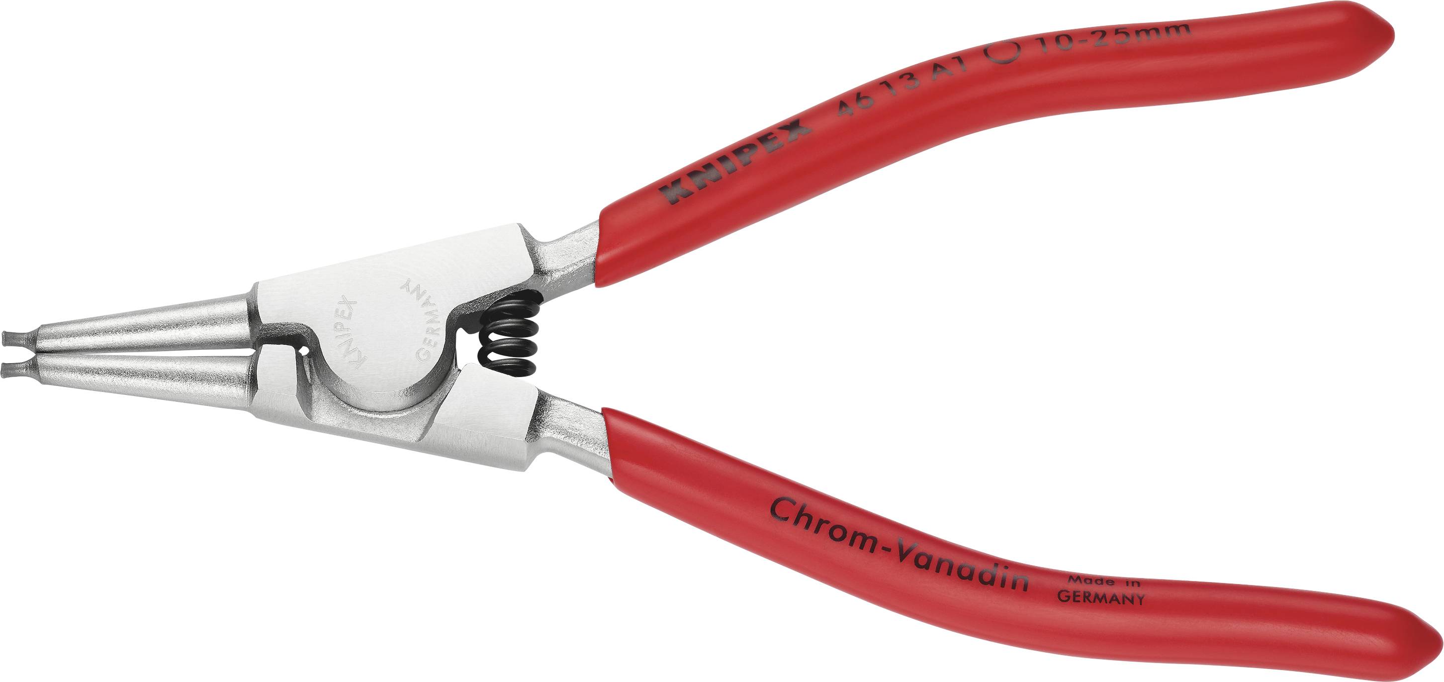 A circlip pliers with red handles, marked with 'Chrome Vanadium'. It is used for installing and removing circlips.