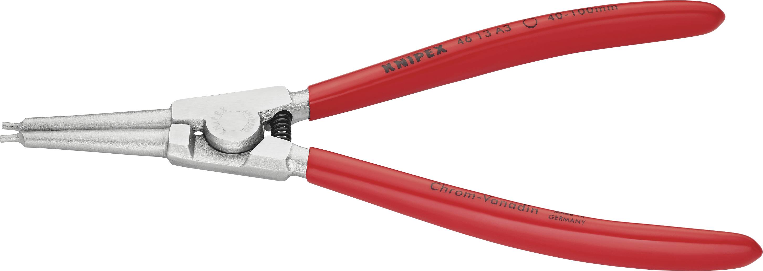 Red split ring pliers with straight tips and silver mechanism, suitable for precise work on small split rings.