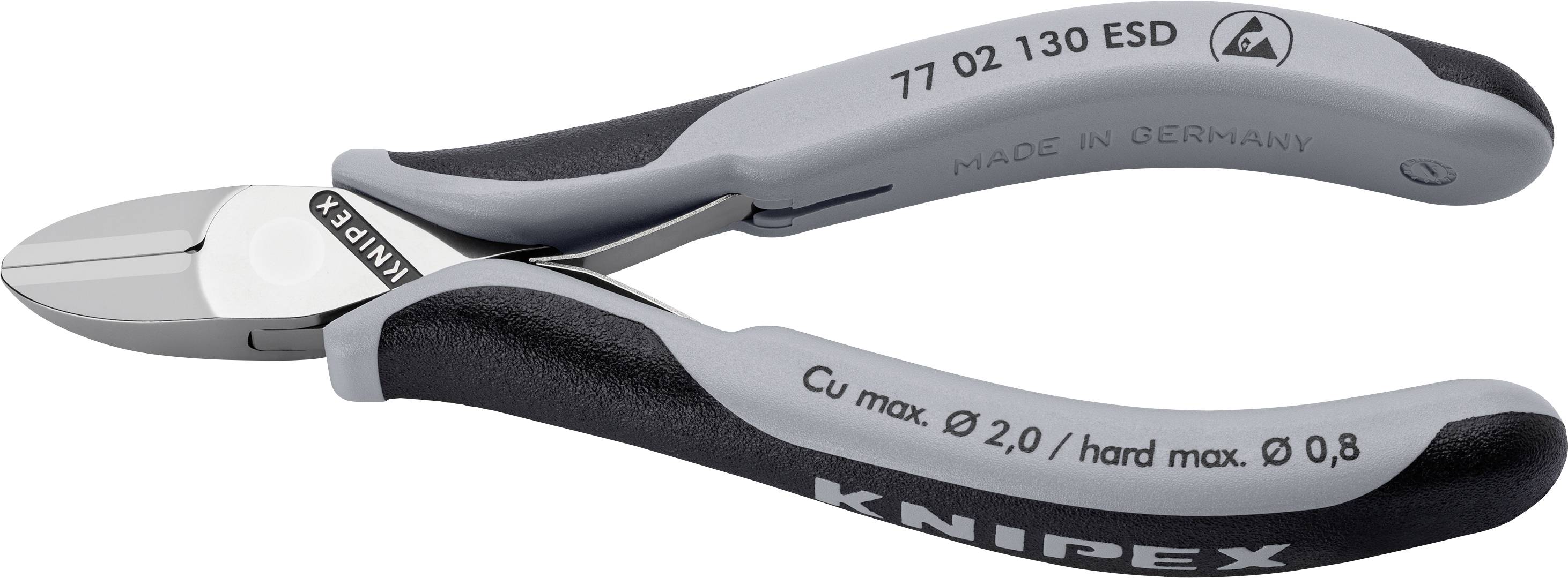 A grey pliers with a black handle, brand 'Knipex', model '77 02 130 ESD', inscription 'Made in Germany'.