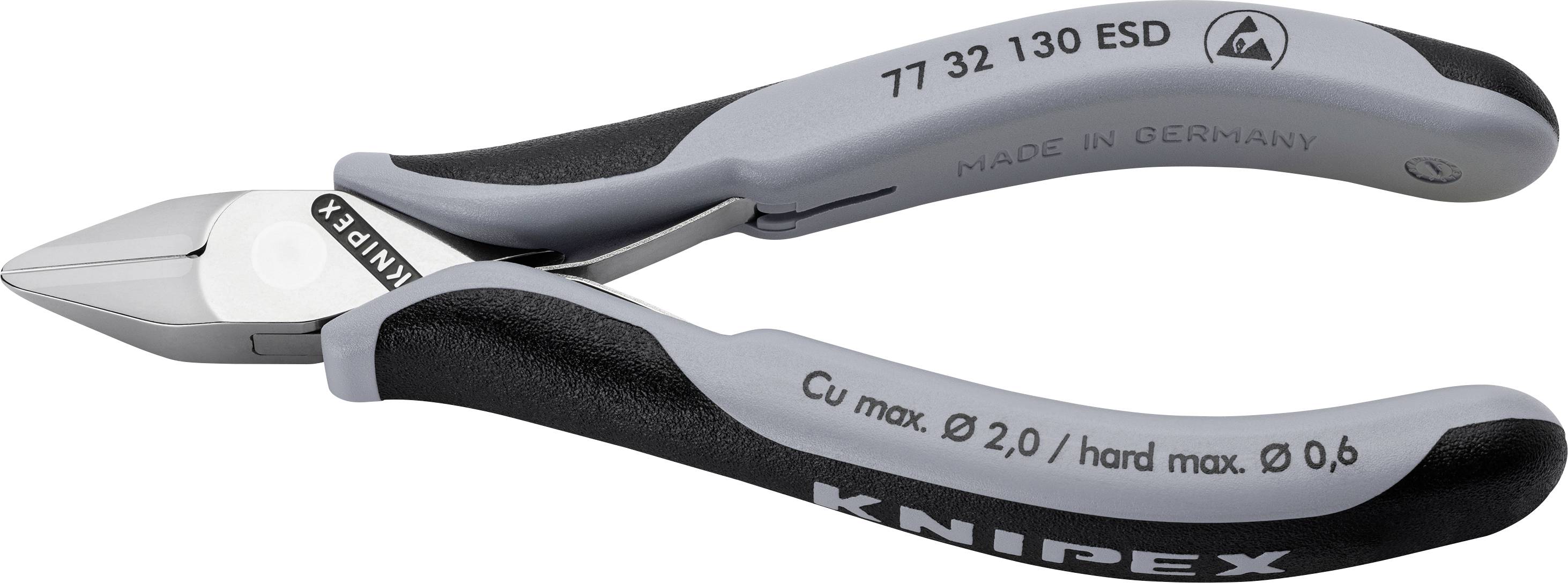 Side cutters with black and grey handle, 'Knipex' label, suitable for Cu wire up to 2.0 mm and hard wires up to 0.6 mm.