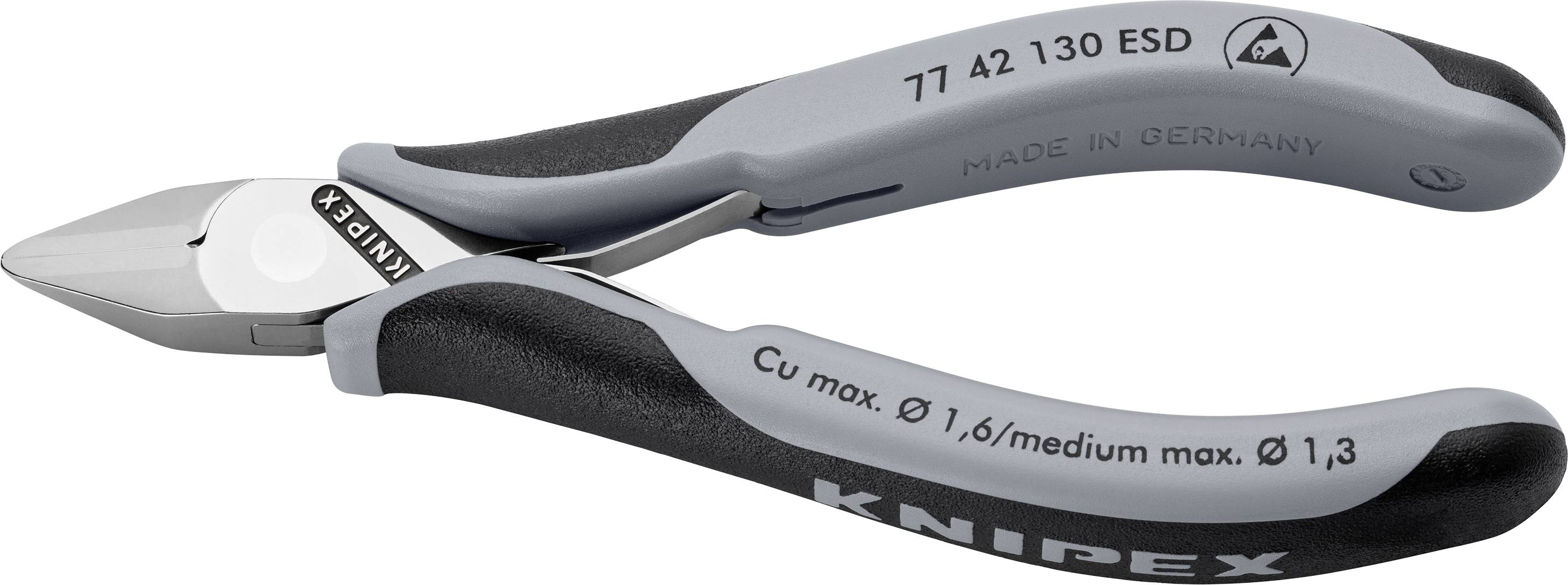 Side cutters with a black handle and 'Knipex' inscription, suitable for fine cutting work.