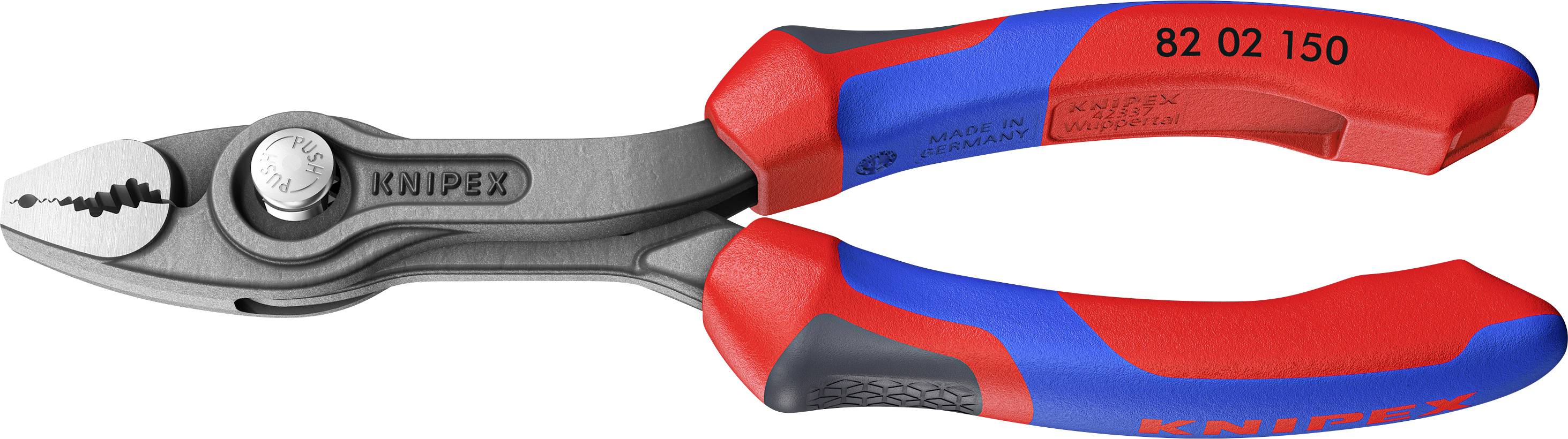 Wire cutters with a red and blue handle, suitable for cutting wires. The pliers have a screw for fine adjustment.