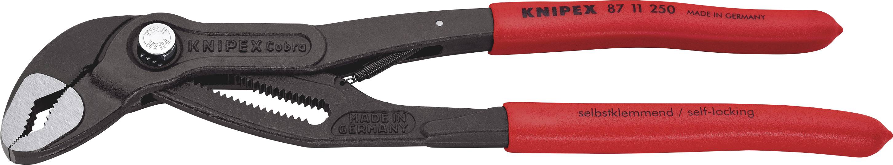 Black water pump pliers with red handles, 'KNIPEX' label visible. Suitable for gripping and holding workpieces.