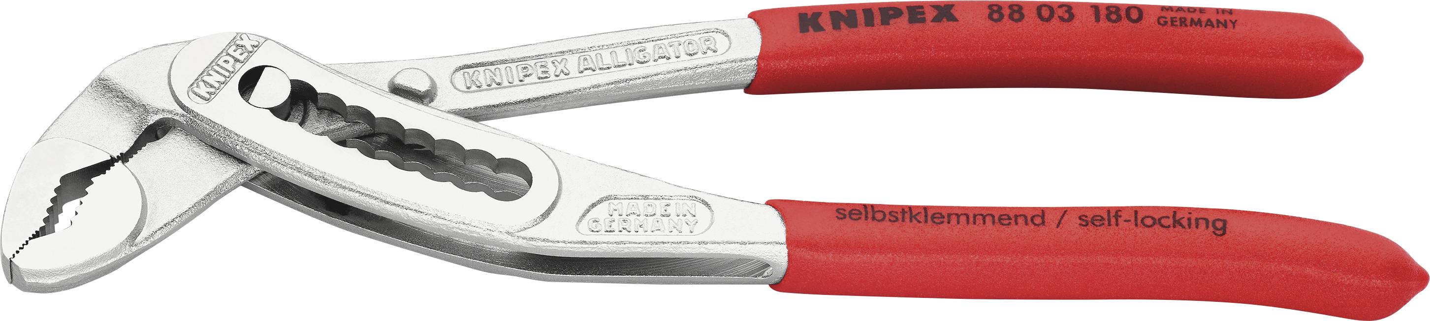 Stainless steel water pump pliers with red handles and self-locking mechanism, suitable for installations and repair work.