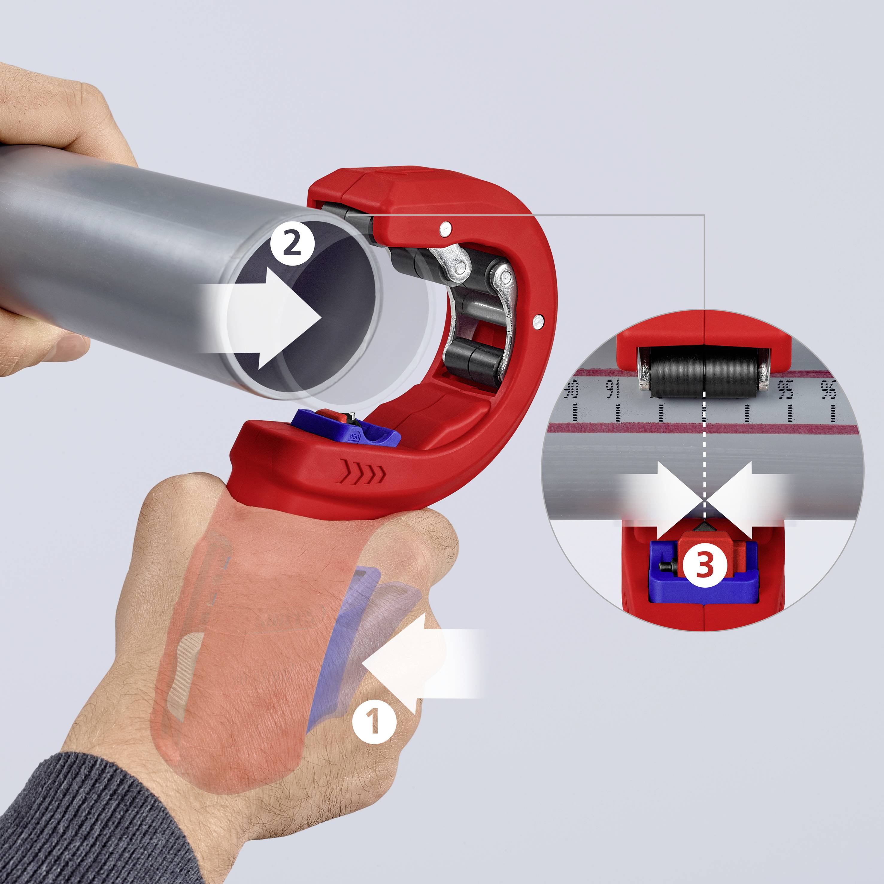 Rohrschneider cutting a metal pipe. Enlarged view shows blade mechanism. Arrows indicate operating instructions.