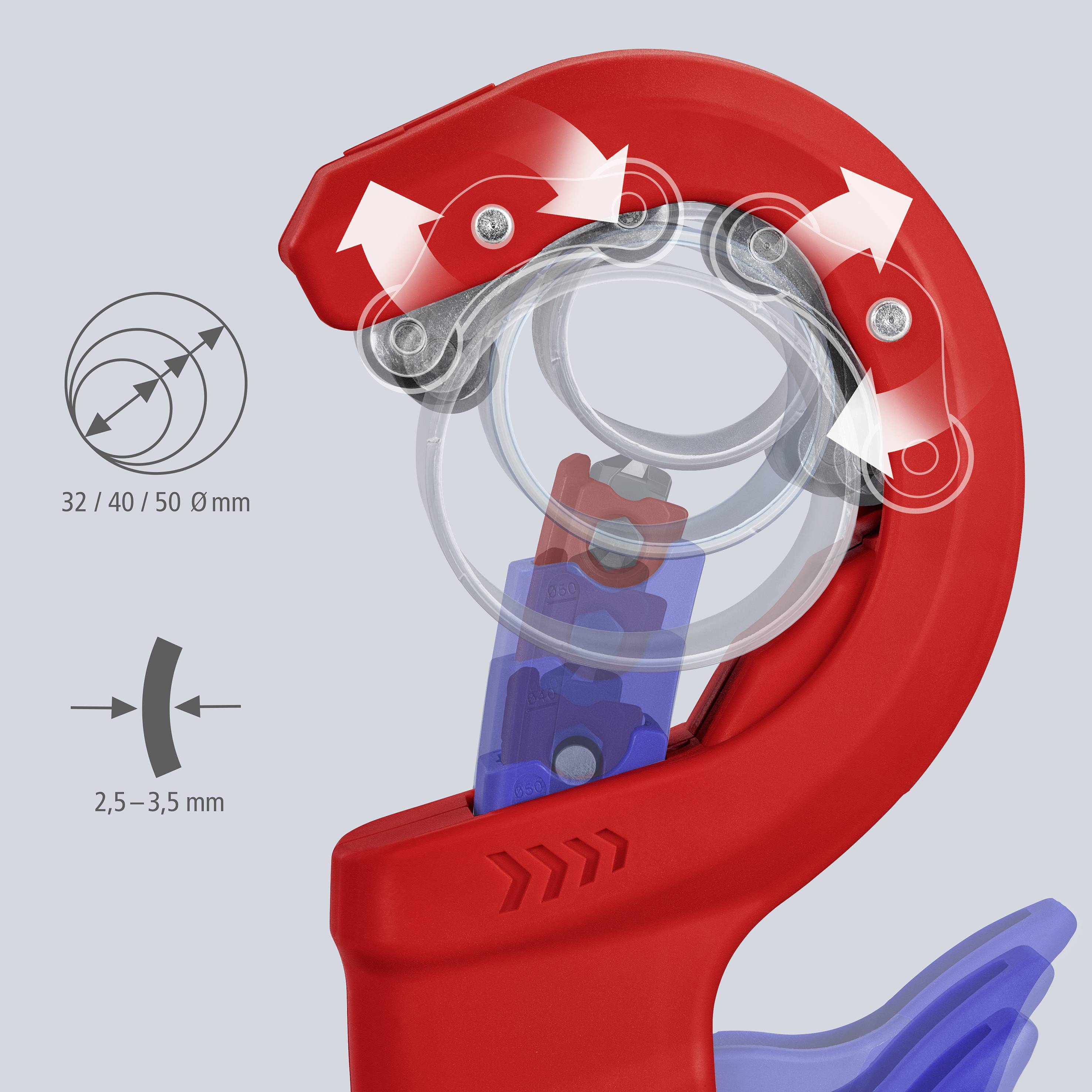 Red tape dispenser with visible cutting and roller mechanism. Arrows indicate the direction of movement.