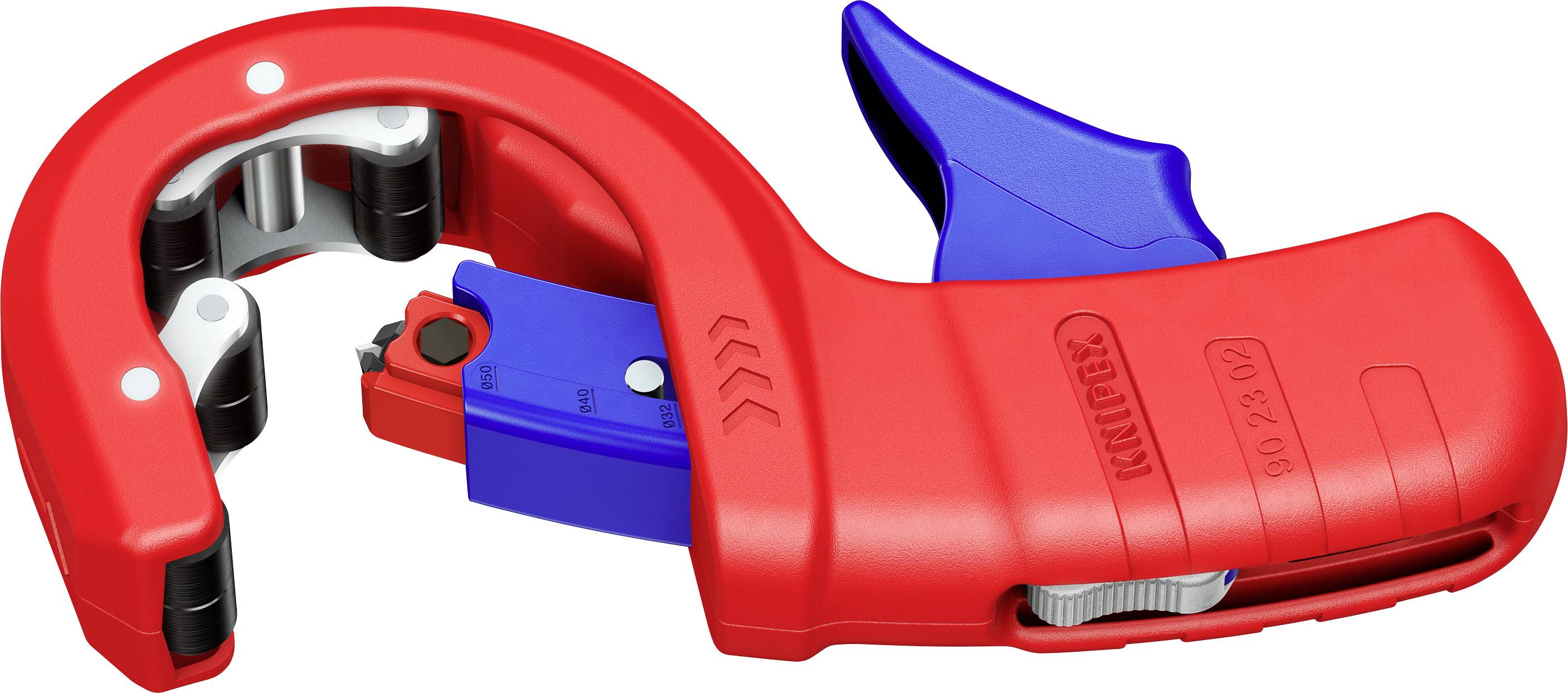 A red and blue cable stripping tool lies on a white background. It has an ergonomic design for easy handling.