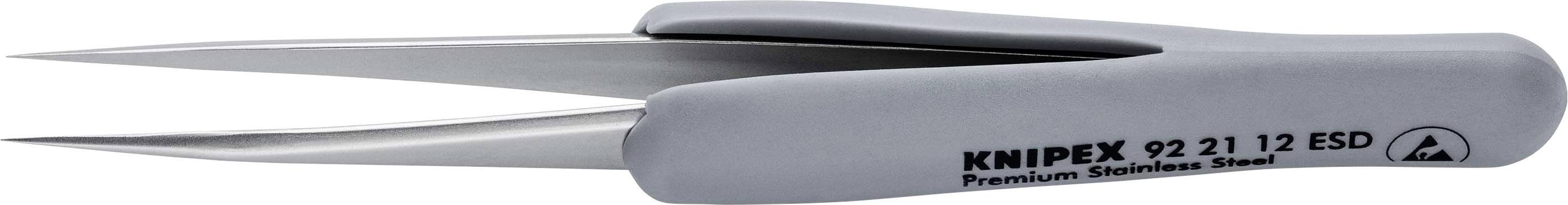 Grey precision tweezers with the inscription 'Knipex 92 21 12 ESD, Premium Stainless Steel'. Shaped handles for precise handling.