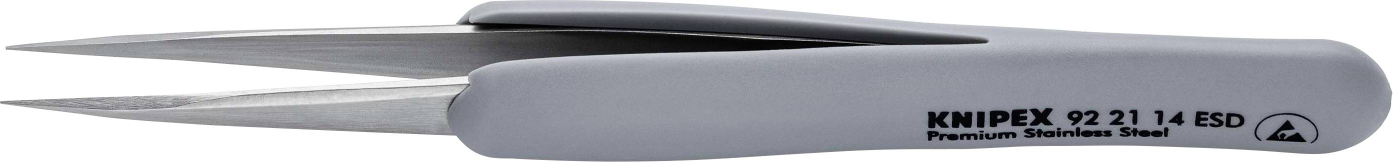 A grey precision tweezers with stainless steel tips, lying sideways, with black 'Knipex' lettering and model number on the handle.