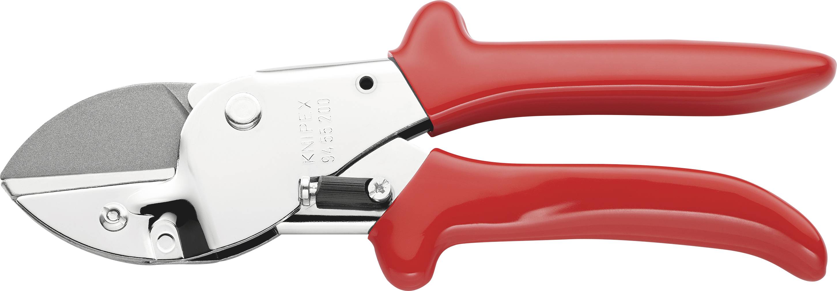 Red garden secateurs with silver blade for cutting plants.