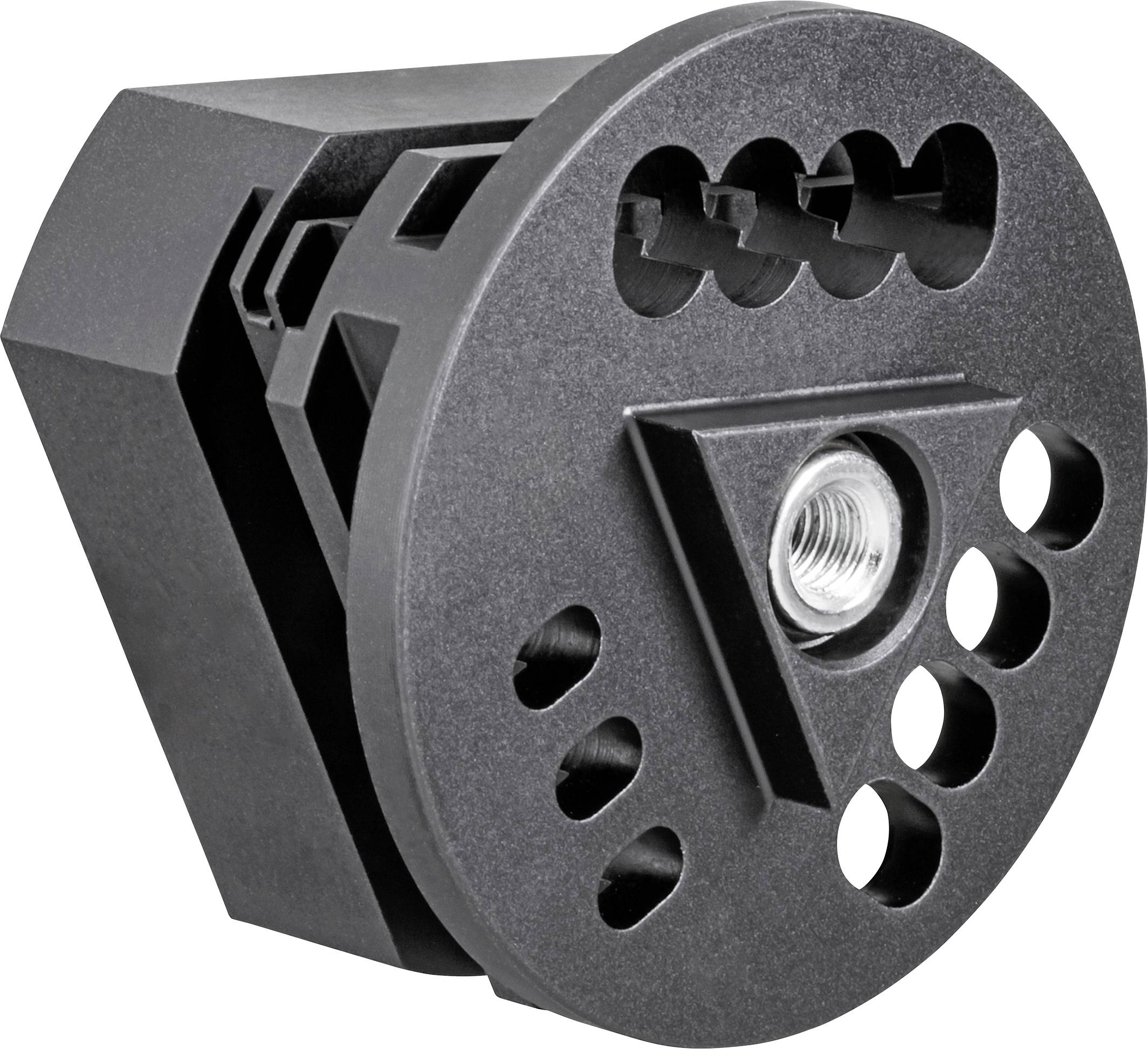 A black, round plastic component with multiple holes and an internal thread in the centre, used for industrial applications.