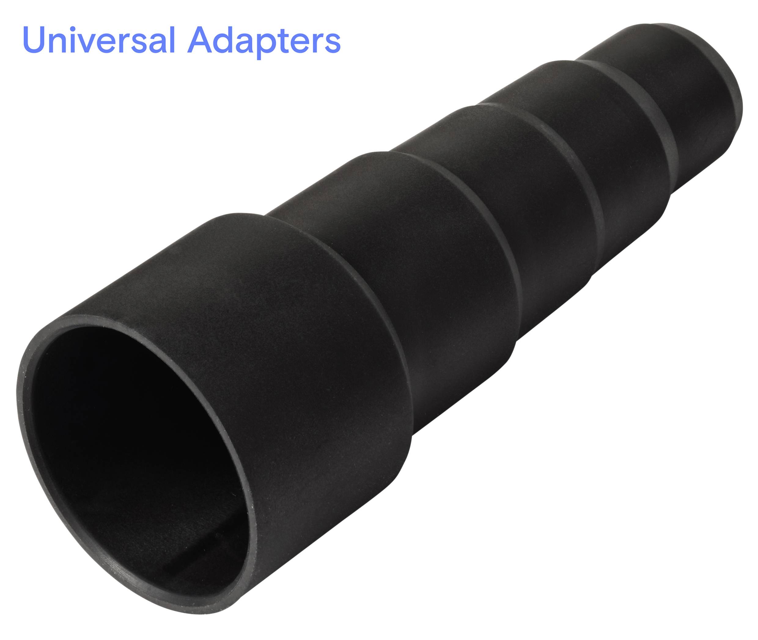 A black, cylindrical universal adapter with a stepped design, labeled 'Universal Adapters' in blue text at the top left.