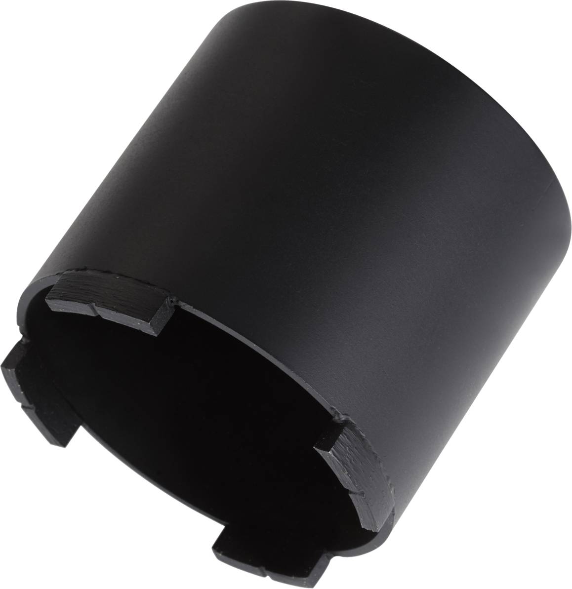 Black, cylindrical plastic container with open notches around the edge.