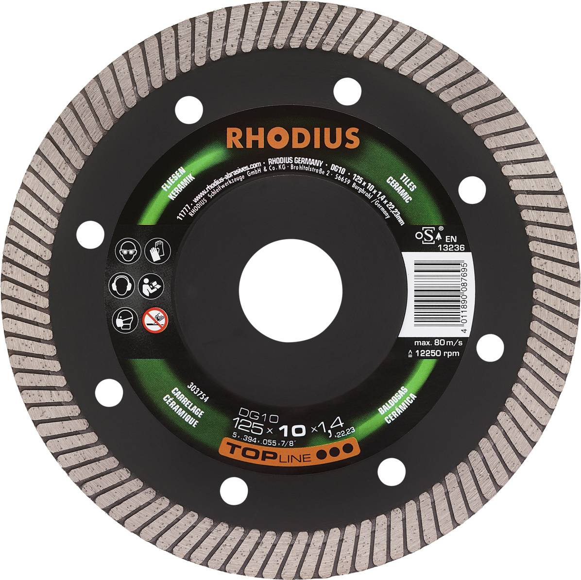 A circular cutting disc with the inscription 'RHODIUS', suitable for tiles, with a maximum rotational speed of 12,250 rpm.
