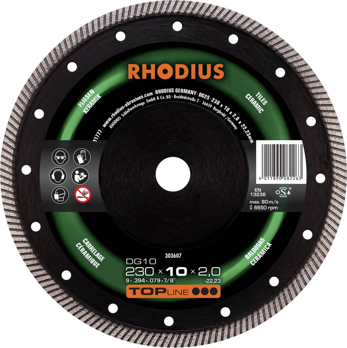 Rhodius ceramic cutting disc, 230 mm x 10 x 2.0 mm, maximum speed 80 m/s.