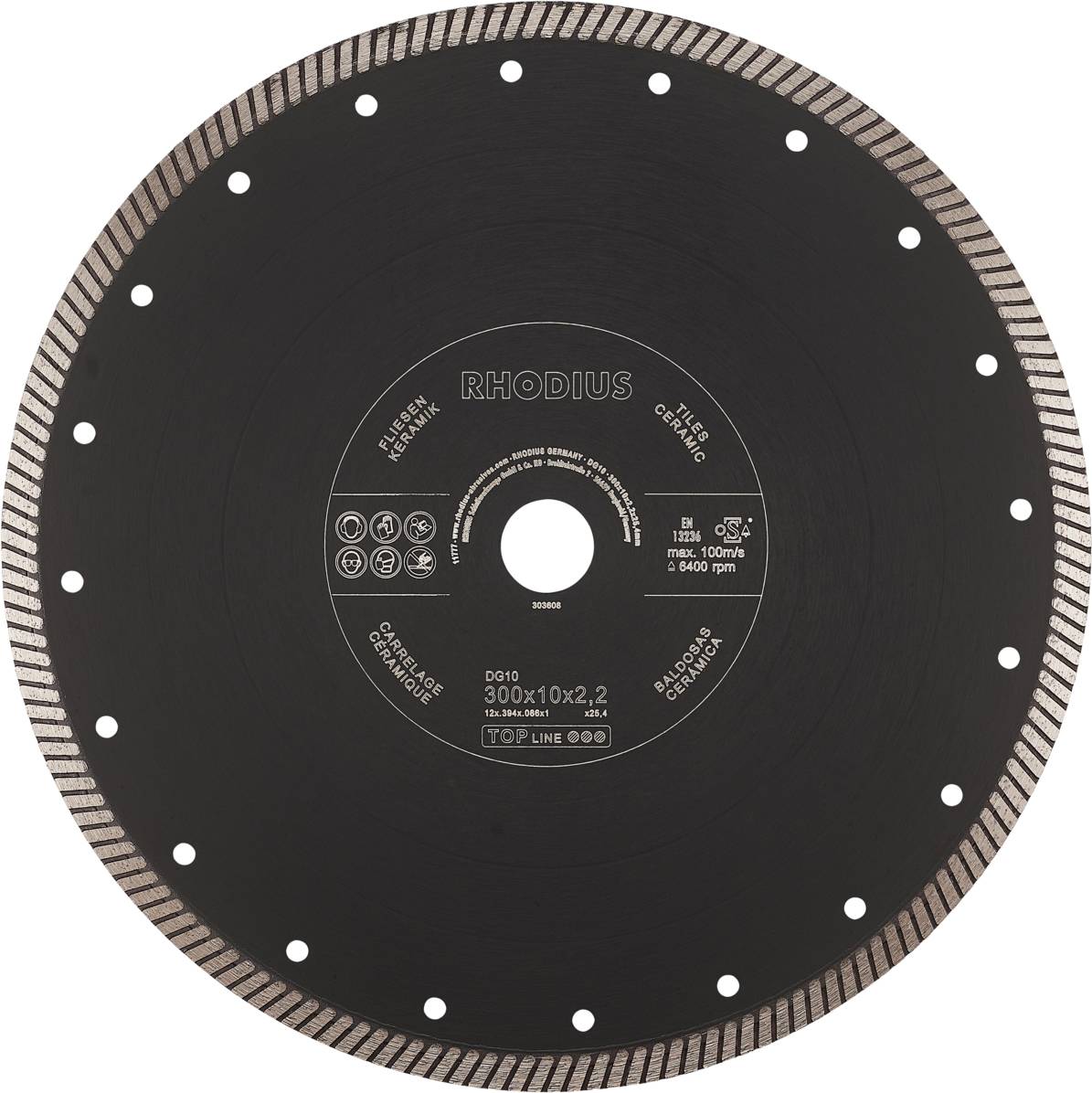 A black cutting disc with 'Rhodius' labelling and technical details in the centre. Suitable for professional use.