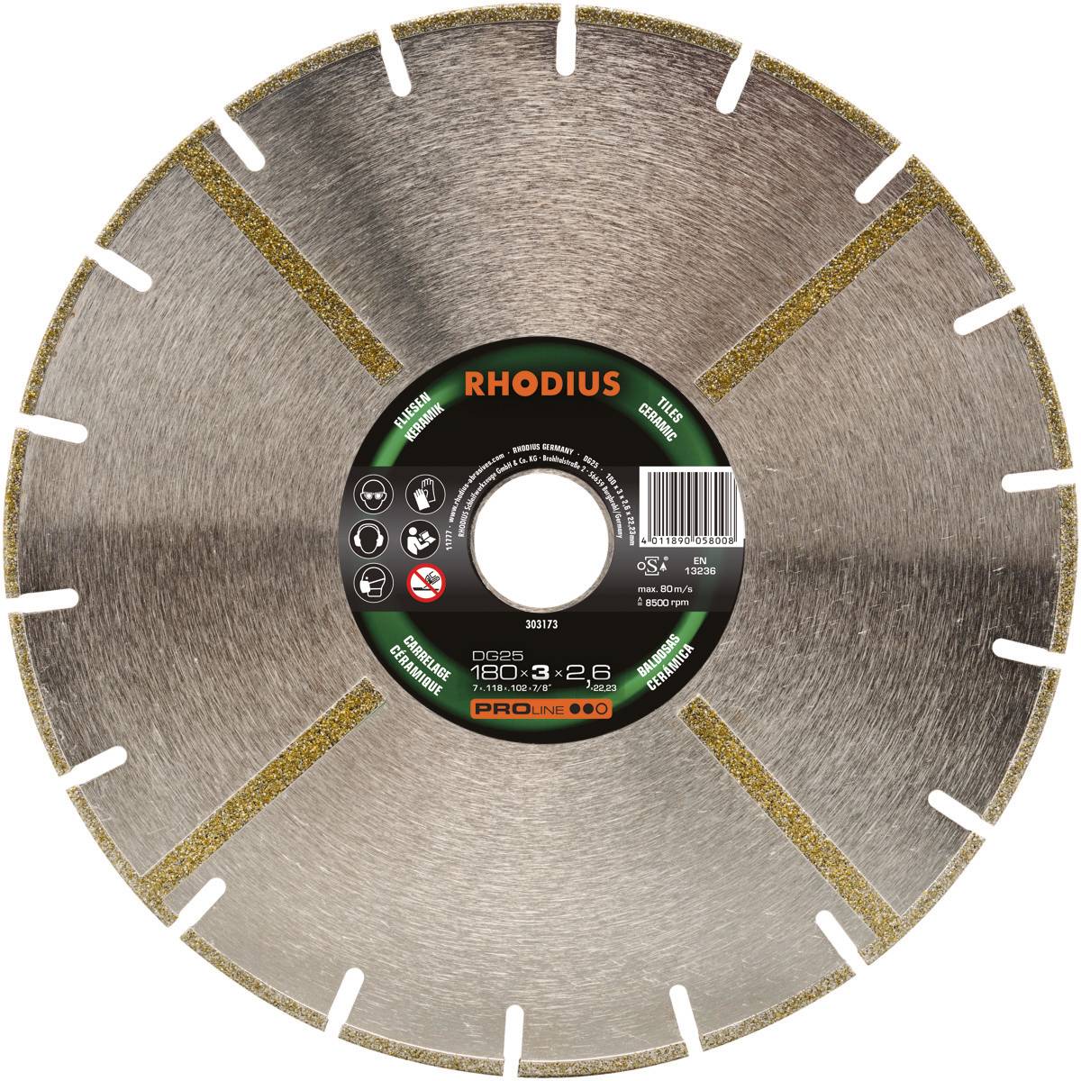 Rhodius concrete saw blade, 180 mm diameter, 12 segments, with product information in the centre, metallic lustrous.