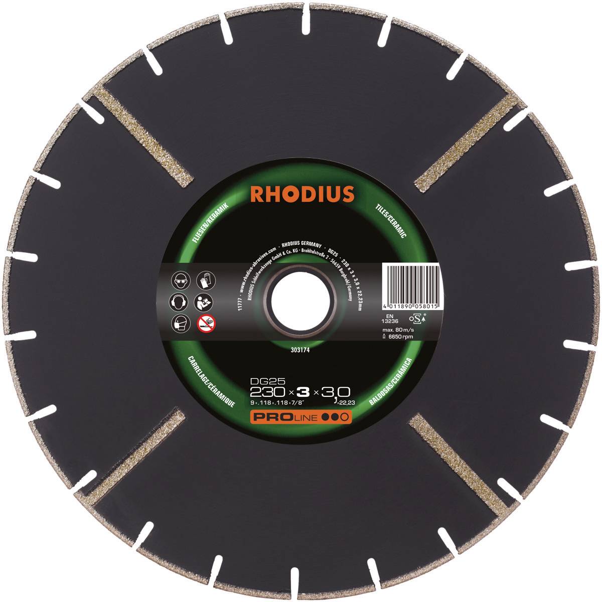 Round cutting disc with the inscription 'Rhodius PROLINE'. Suitable for concrete and building materials. Diameter: 230 mm.