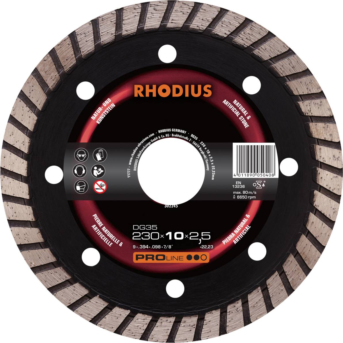 A round, serrated cutting disc blade with the inscription 'RHODIUS ProLine'. Diameter: 230 mm. Suitable for stone.