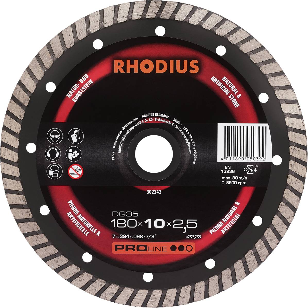 Black diamond cutting disc with pink segments and red 'RHODIUS' print, suitable for natural and artificial stones.