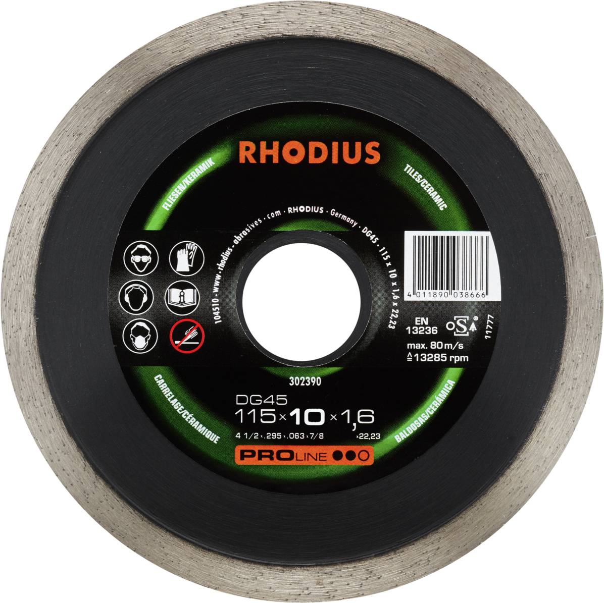 Black cutting disc with silver rim, brand name 'RHODIUS'. Diameter 115 x 10 x 1.6. Suitable for tiles.