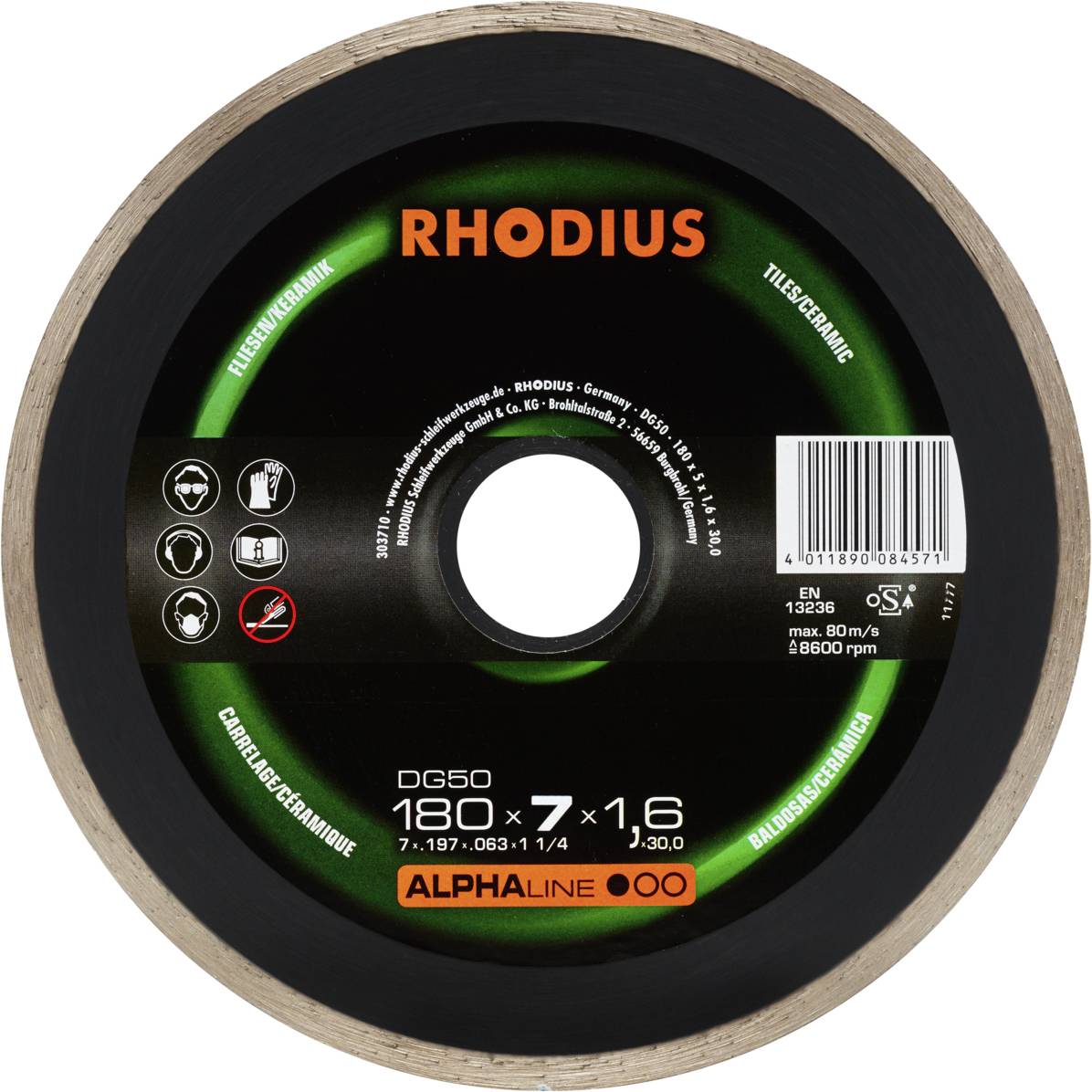 'RHODIUS' cutting disc, 180 x 7 x 1.6 mm, suitable for tiles/ceramics, with barcode and product information on black background.