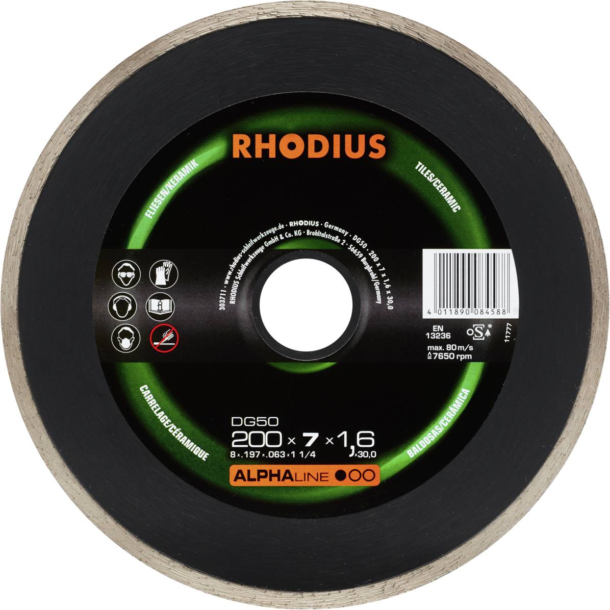 'RHODIUS' cutting disc, 200 mm diameter, suitable for tile processing, with flexibility and safety symbols.