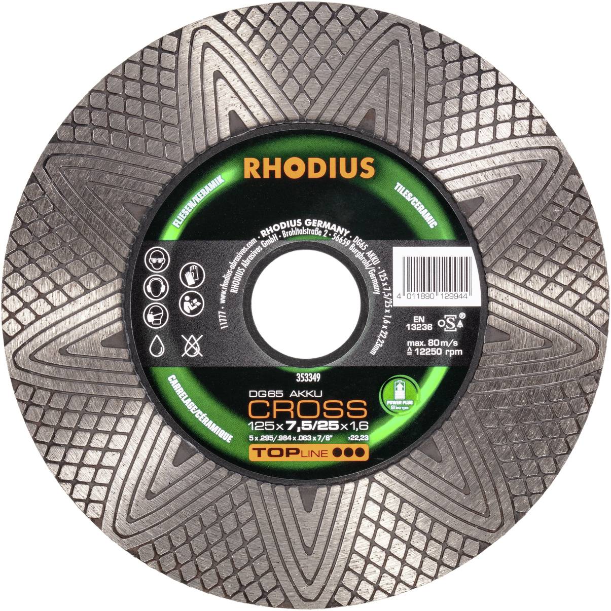 Rhodius cutting disc, model DG65 Akku Cross, 125 mm diameter, for cordless angle grinders, suitable for various materials.