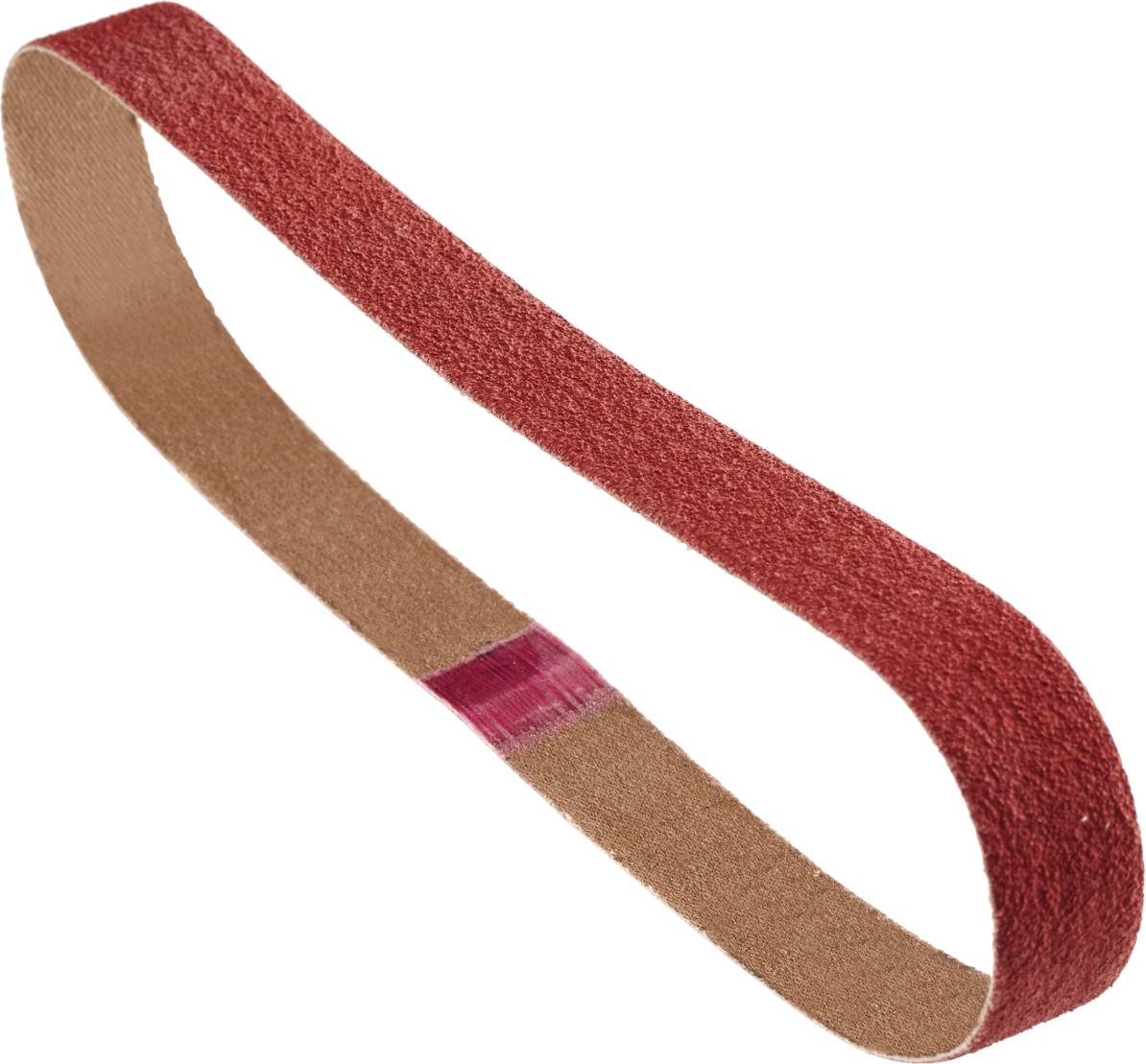 A red abrasive belt in an elliptical shape. It is used to smooth surfaces or remove material.