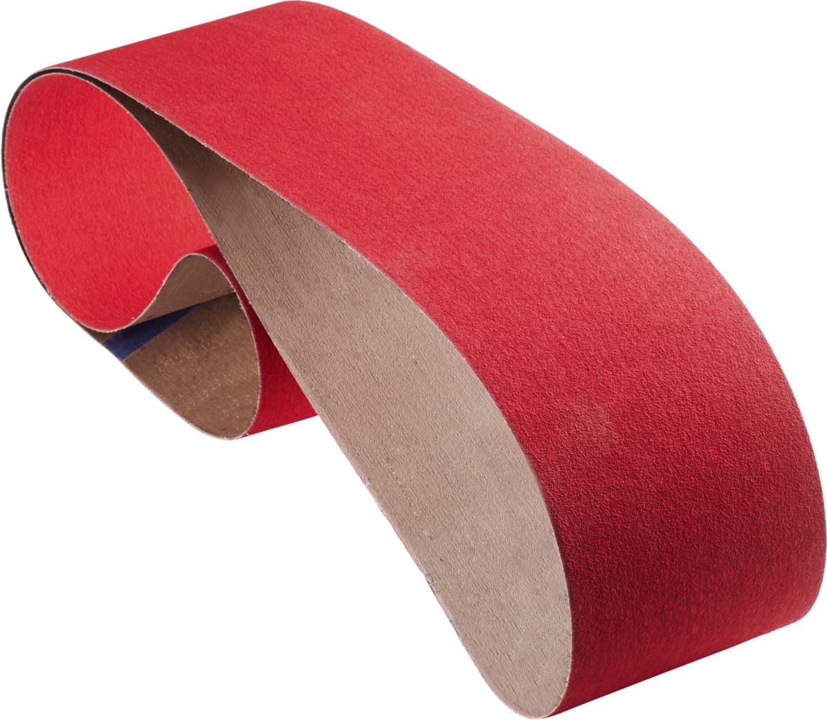 A red abrasive belt in a curved shape. It is commonly used in grinding machines for surface finishing.